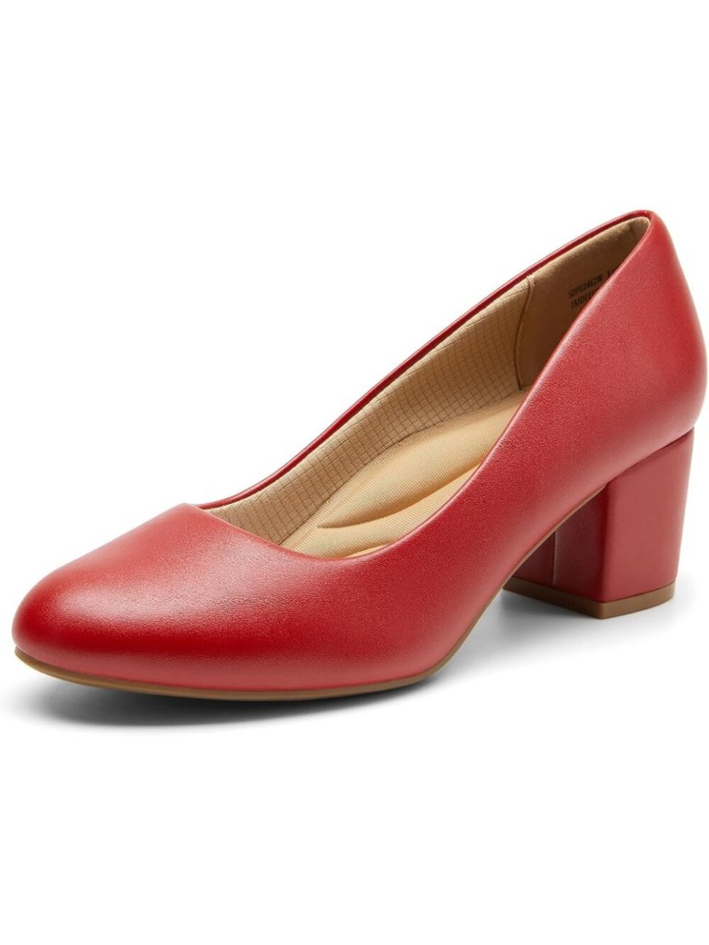 Women's Red Pu Chunky Block Heels Pumps Round Toe Non Slip Outsole Dressy Shoes